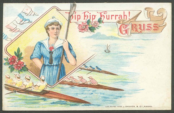 pc ger litho hip hip hurrah gruss drawing of three sweep oar boats competing female rower 