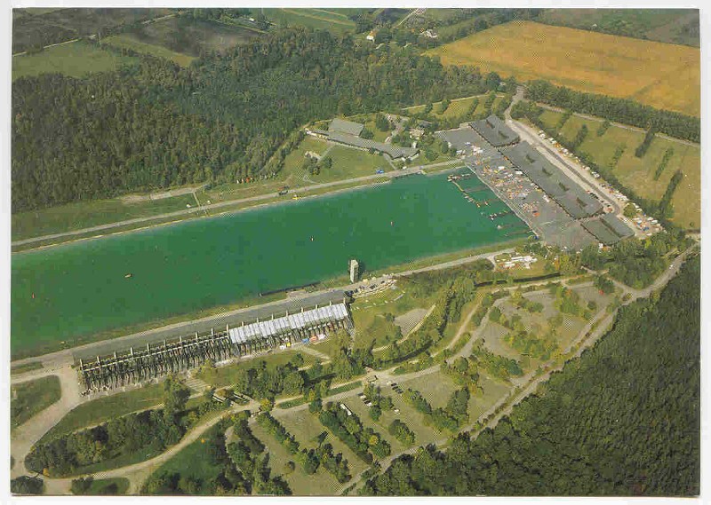 pc ger munich regatta course bird s eye view of finish area including grandstand with green water 