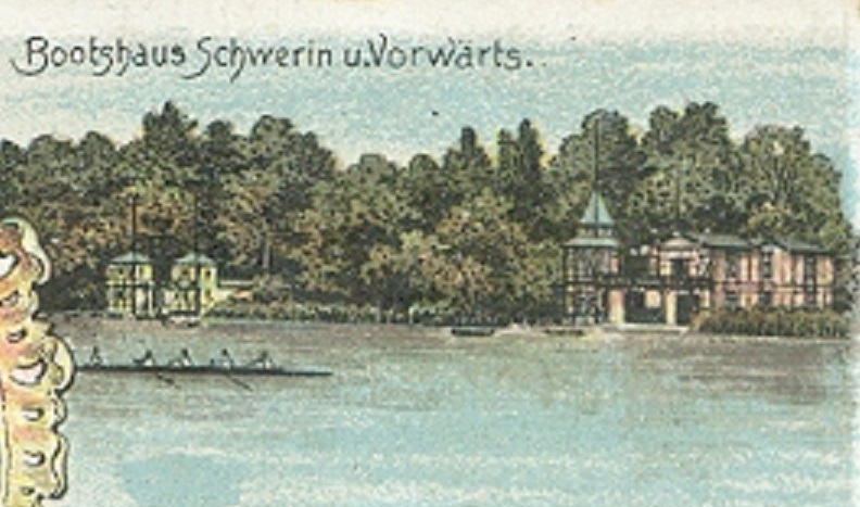 pc ger schwerin litho with small drawings of boathouses rv schwerin and rv vowrts pu 1898 detail