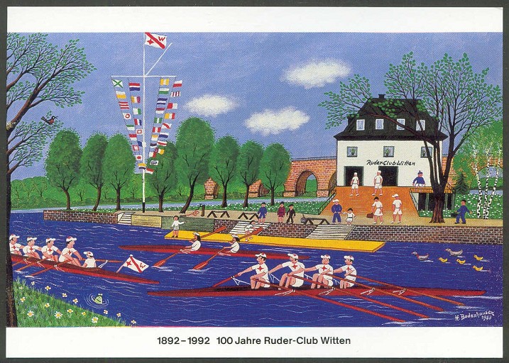 pc ger witten rc 100 years 1992 painting by h. bodenhausen 1987 showing clubhouse with boats in foreground 