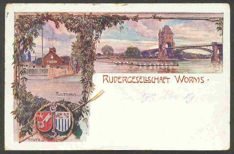 pc ger worms 1907 rg worms drawing of boathouse club emblem boats on the rhine close to bridge 