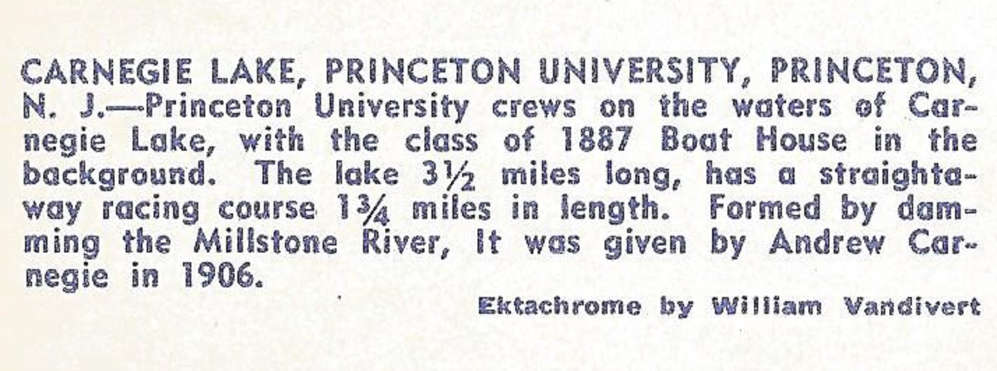 PC USA Princeton University crews on the waters of Carnegie Lake with boathouse in background text on back