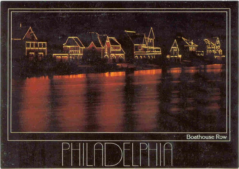 pc usa philadelphia boathouse row illuminated silhouettes of boathouses being reflected on the river 