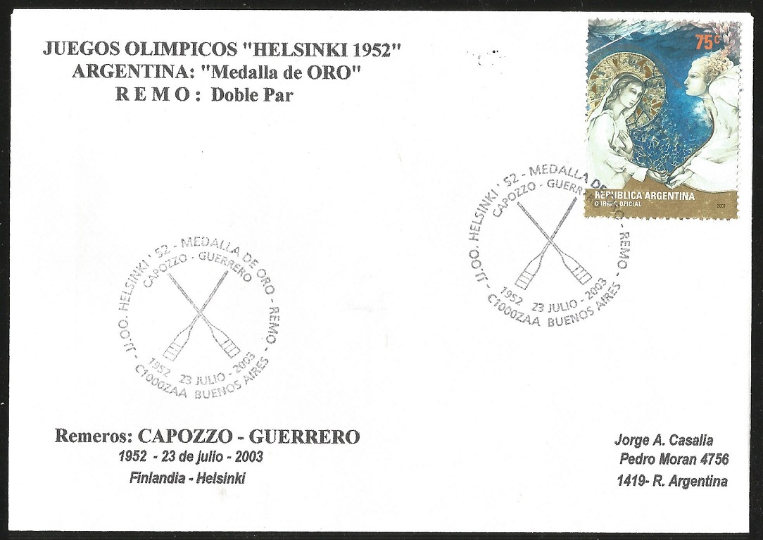 PM ARG 2003 July 23rd Buenos Aires 50th anniversary of gold medal win for Capozzo Guerrero at OG Helsinke 1952 on cover