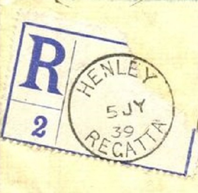 PM GBR 1939 July 5th Henley Regatta on registered letter label