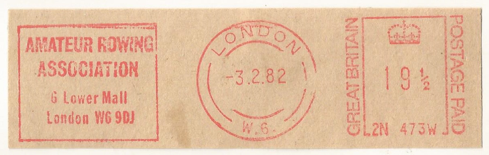 PM GBR 1982 London Amateur Rowing Association red meter mark