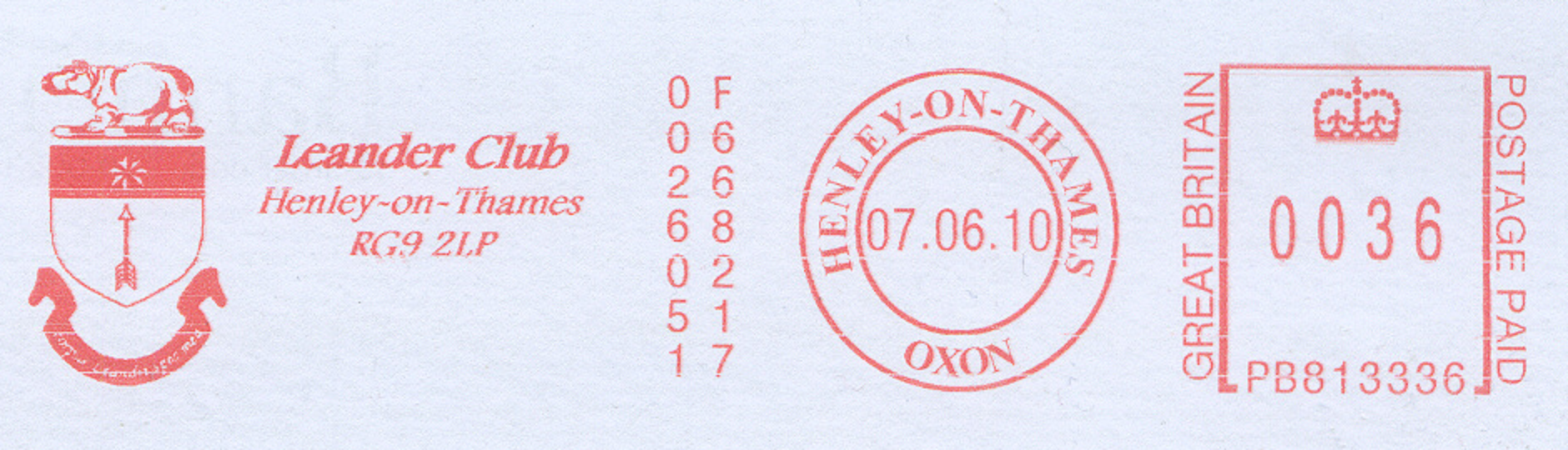PM GBR 2010 June 7th Henley Leander Club red meter franking machine PM with logo 