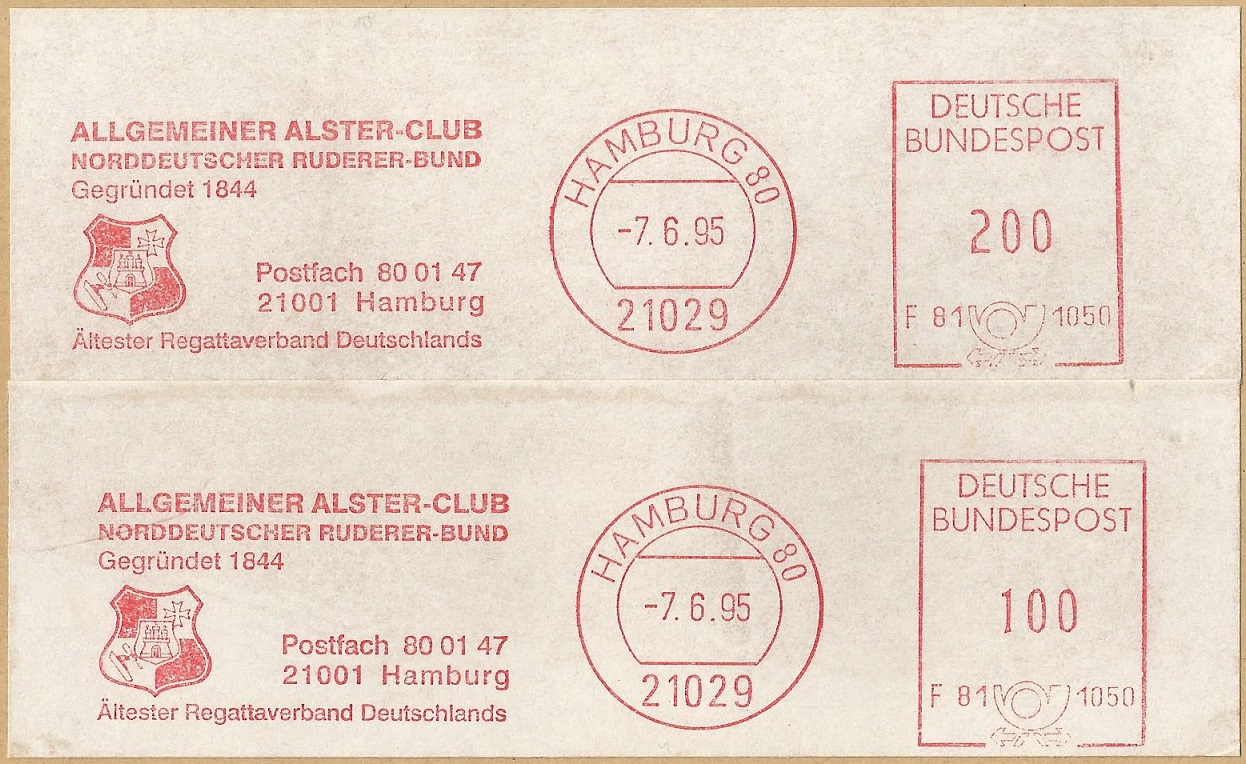 PM GER 1995 June 7th Hamburg Allgemeiner Alster Club Oldest regatta association in Germany red meter mark 