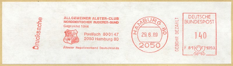 pm ger 1989 june 29th hamburg allgemeiner alster club norddeutscher ruderer bund oldest regatta association in germany red meter mark