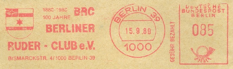 pm ger 1989 sept. 15th berliner ruder club e.v. 1880 1980 red meter mark