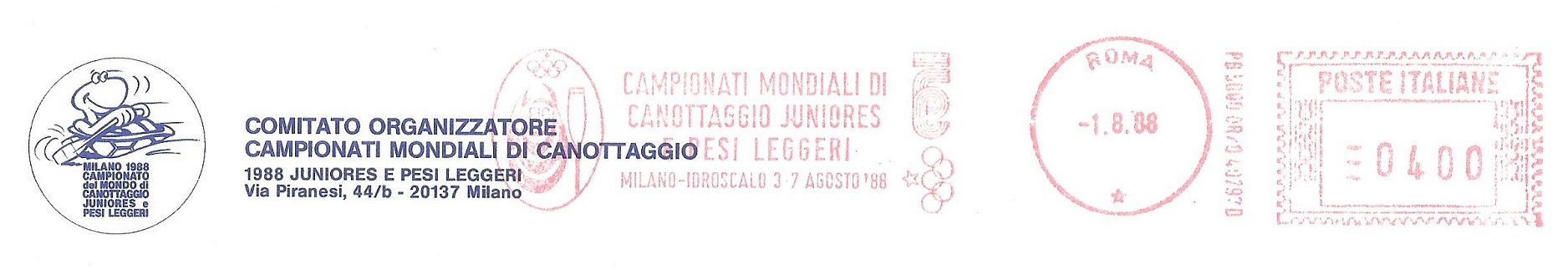 PM ITA 1988 Aug. 1st Roma Campionati Mondiali di Canottaggio Juniores e Pesi Leggeri Milano Idroscalo 3 7 Augusto 88 WRC for Juniors and Leightweights Milan 1988
