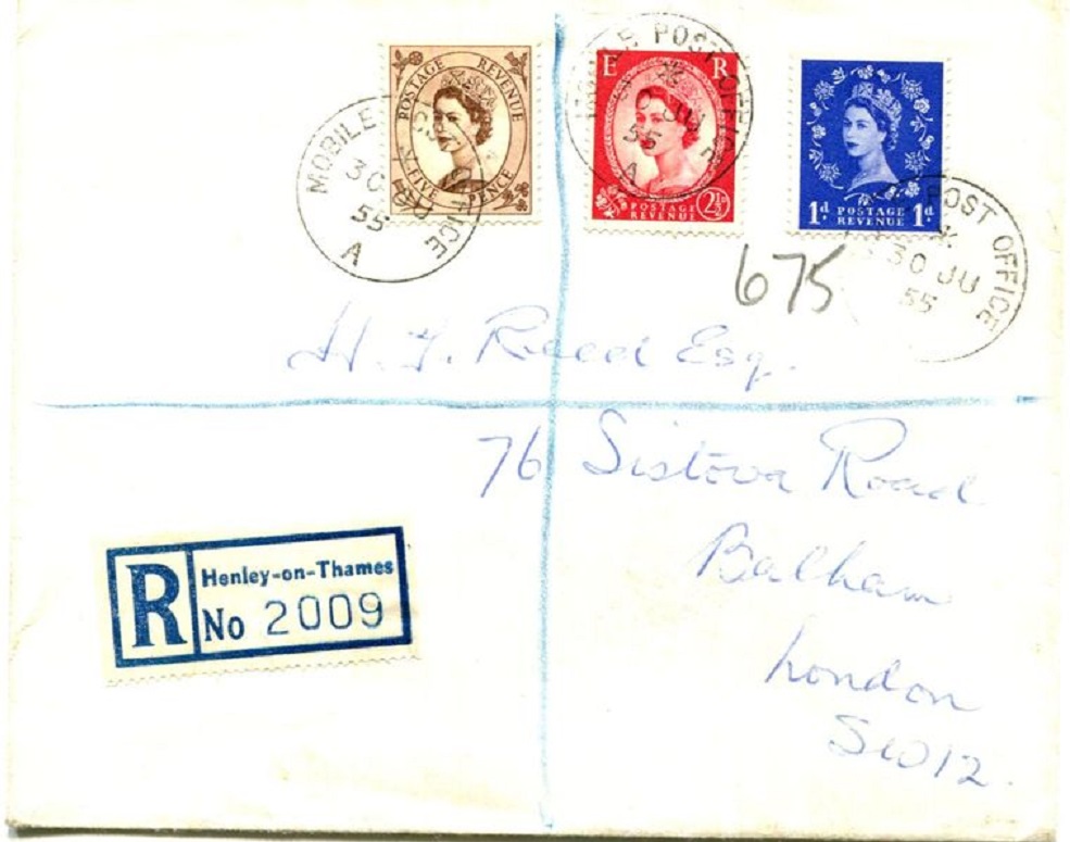 Registered letter GBR 1955 June 30th Henley Mobile Post Office A with registration label Henley on Thames No. 2009 front
