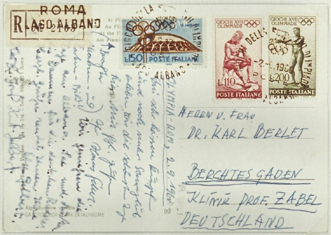 Registered card ITA 1960 OG Rome with registration label Lake Albano site of the Olympic Rowing course