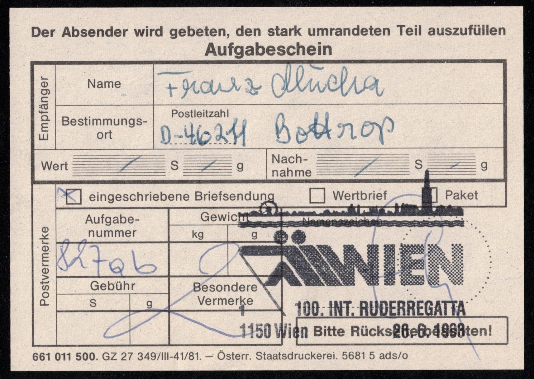 Registered letter AUT 1993 June 26th Vienna International Regatta centenary Receipt