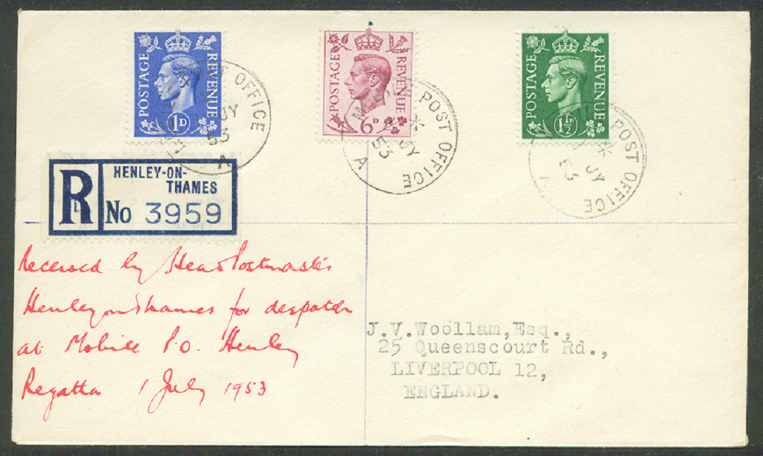 Registered letter GBR 1953 Henley with PM Moble Post Office July 1st A