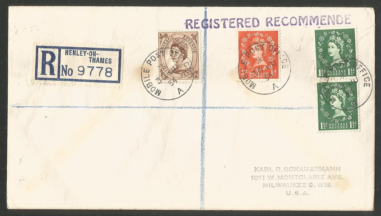Registered letter GBR 1954 June 30th with PM Mobile Post Office A Henley and registration label Henley on Thames No. 9778