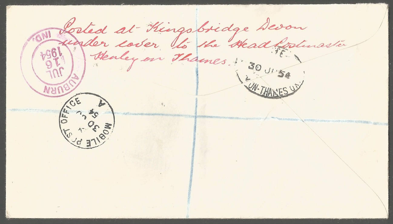 Registered letter GBR 1954 June 30th with PM Mobile Post Office Henley and registration label Henley on Thames No. 9759 reverse