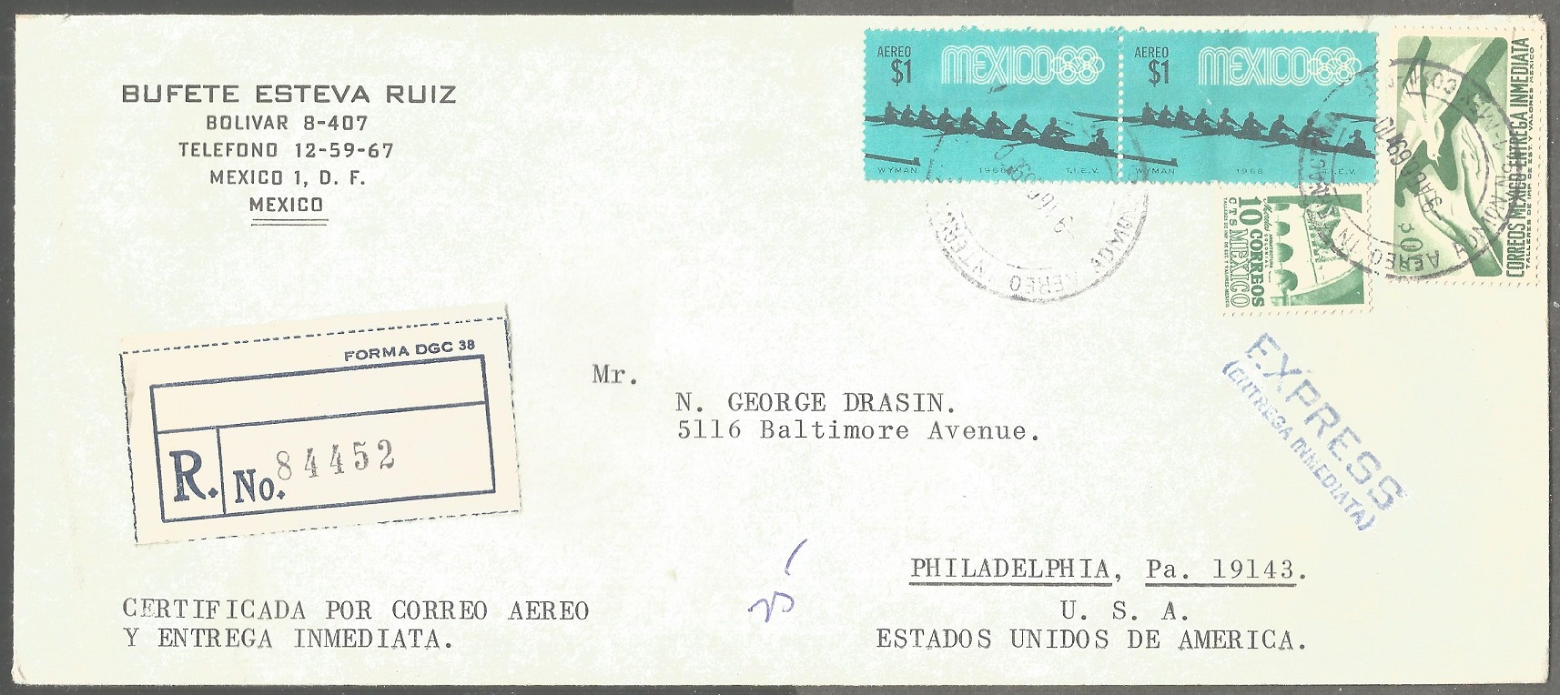 Registered letter OG Mexico 1968 with arrival postmark on back
