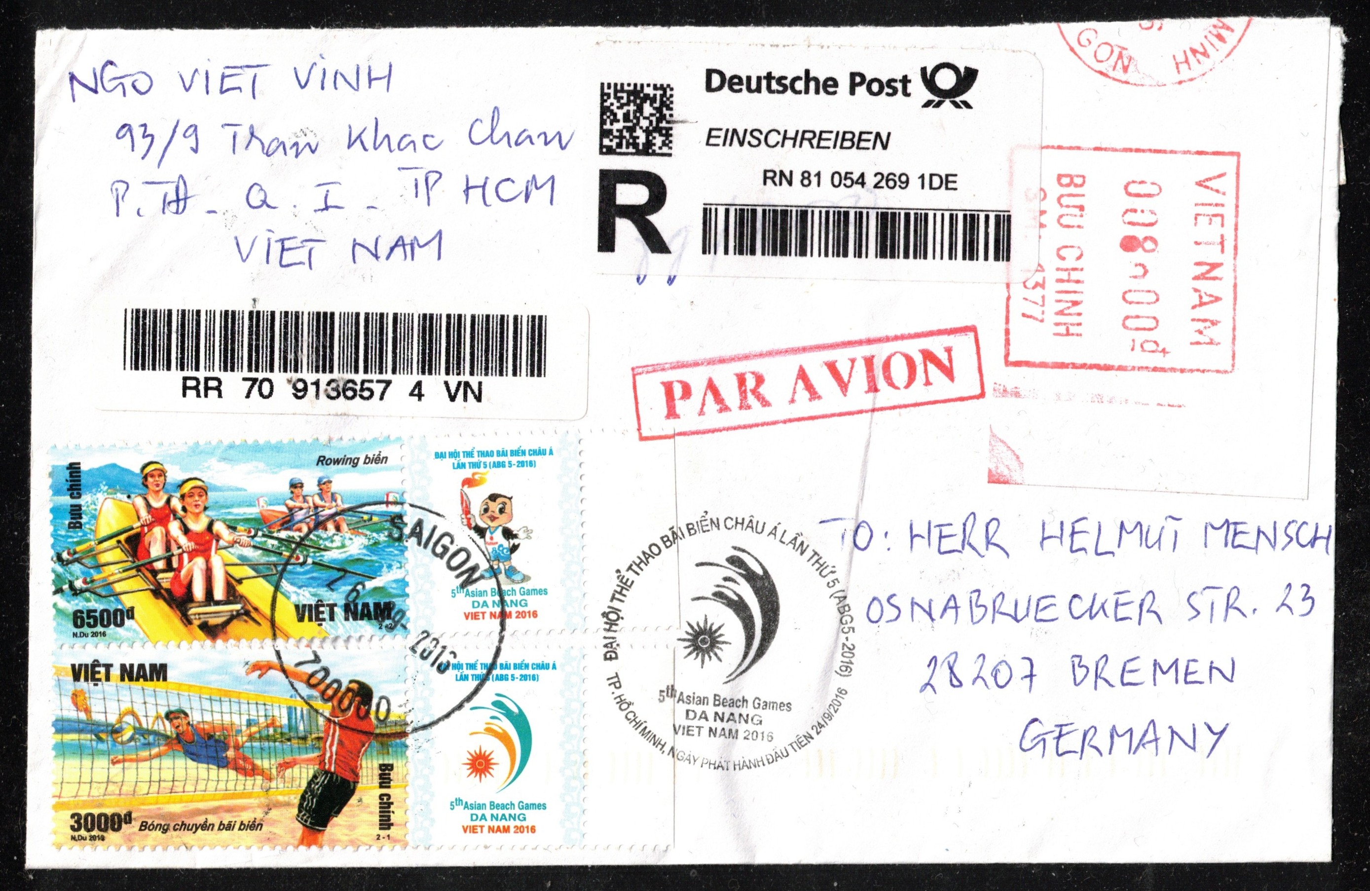 Registered letter VIE 2016 Sept. 26th 5th Asian Beach Games Da Nang