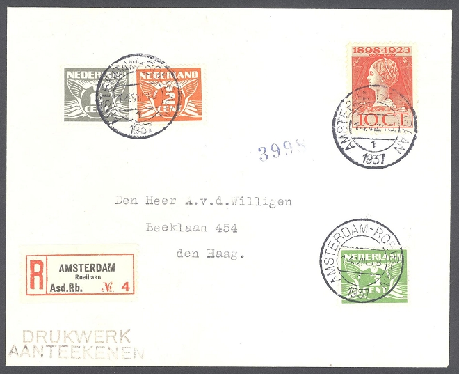 registered letter ned 1937 aug. 14th amsterdam roeibaan erc with registration label no. 4 coll. e