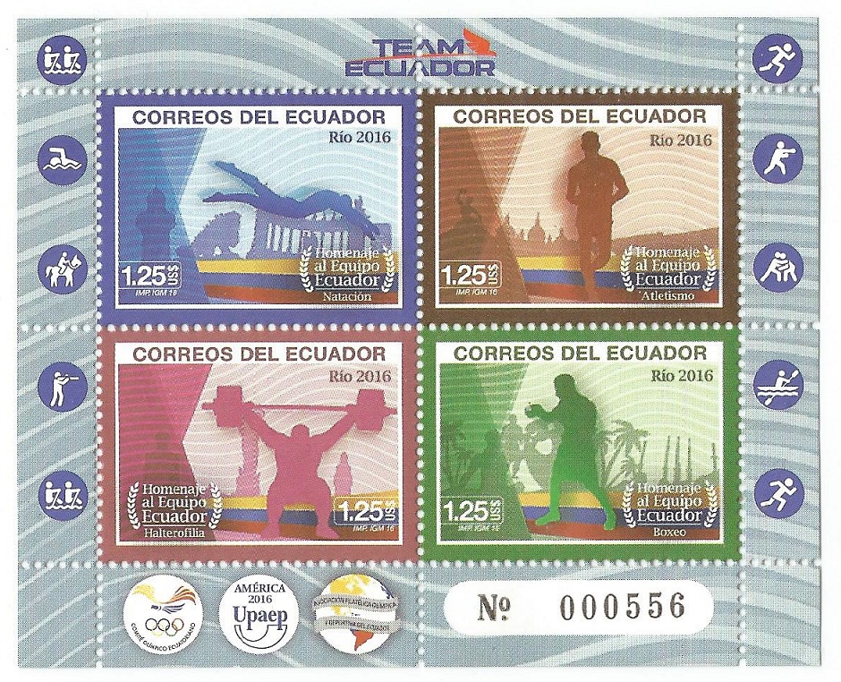 Stamp ECU 2016 OG Rio de Janeiro MS with two pictograms in left margin