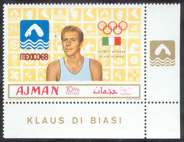 stamp ajman 1969 march 1st og mexico gold medal winners mi 450 a k. dibiasi pictogram 