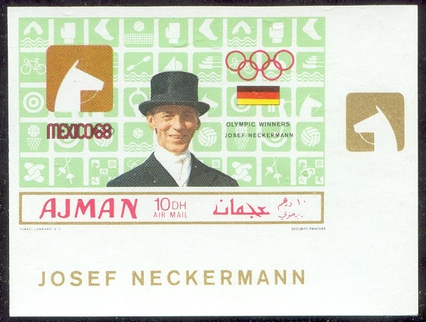 stamp ajman 1969 march 1st og mexico gold medal winners mi 451 b imperforated j. neckermann pictogram 