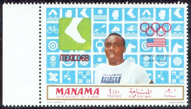 stamp ajman manama 1969 march 1st olympic winners mexico mi 204 a j. hines usa pictogram 