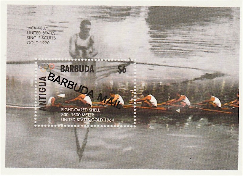 Stamp ANT 1995 June 6th SS Mi Bl. 313 Kelly Gold 1X 1920 and USA 8 Gold 1964 with imprint BARBUDA MAIL