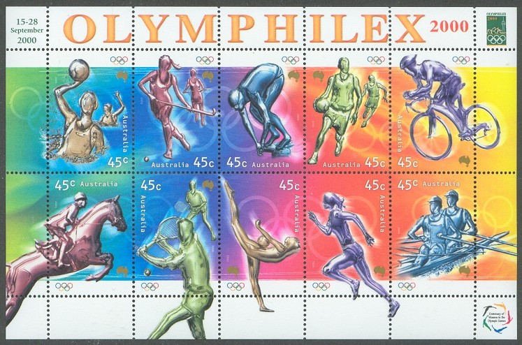 stamp aus 2000 olympic sports ms with olymphilex 2000 printed in upper margin