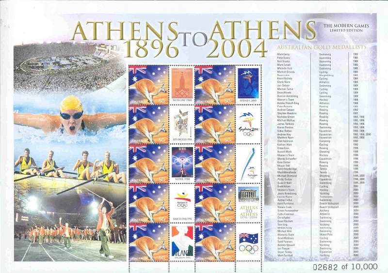 stamp aus 2004 ms australian gold medallists the modern games 1992 p. antonie a. cooper s. hawkins 1992 1996 n. green m. mckay j. tomkins 