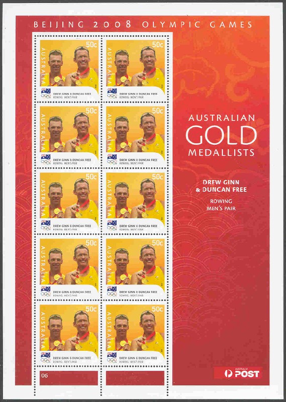 stamp aus 2008 aug. 18th mi 3057 ii ms og beijing gold medal winners drew ginn duncan free m2 