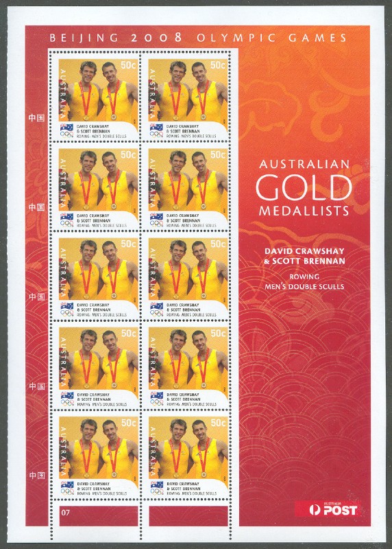 stamp aus 2008 aug. 18th mi 3058 i ms og beijing gold medal winners david crawshay scott brennan m2x pair printed in china