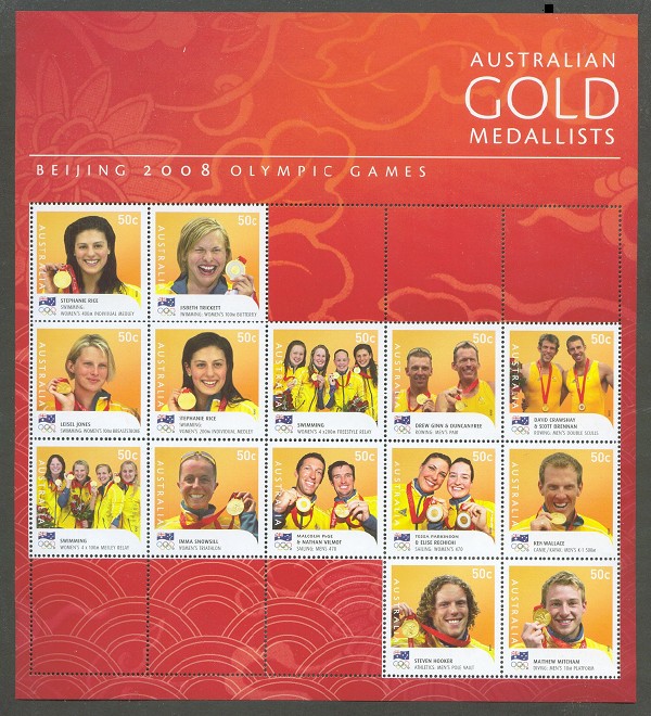 stamp aus 2008 mi 3052 3065 ms og beijing gold medallists
