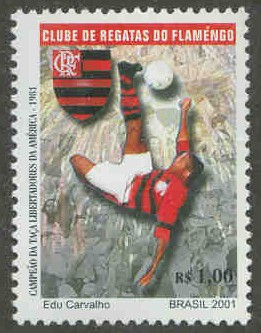 stamp bra 2001 nov. 23rd mi 3208 clube de regatas do flamengo rio de janeiro mi 3208 club emblem soccer player dressed in club colours 