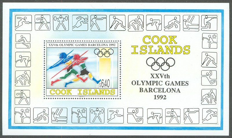 stamp cok 1992 july 24th ss og barcelona javelin mi bl. 204 pictogram in margin 