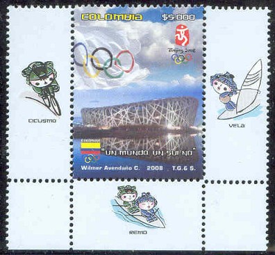 stamp col 2008 aug. 1st mi 2498 og beijing with mascot 2x on tab