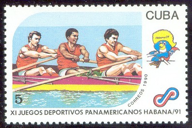 stamp cub 1990 nov. 15th panamerican games havanna 1991 mi 3442 three sweep oar rowers 