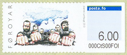 stamp den faroer islands 2010 sept. 20th mi 11 self adhesive close view of men pulling hard 