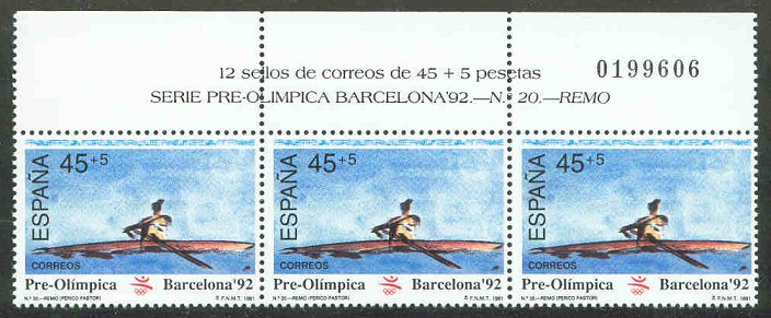 stamp esp 1991 march 7th og barcelona mi 2982 painting of 1x strip of three with related text in upper margin