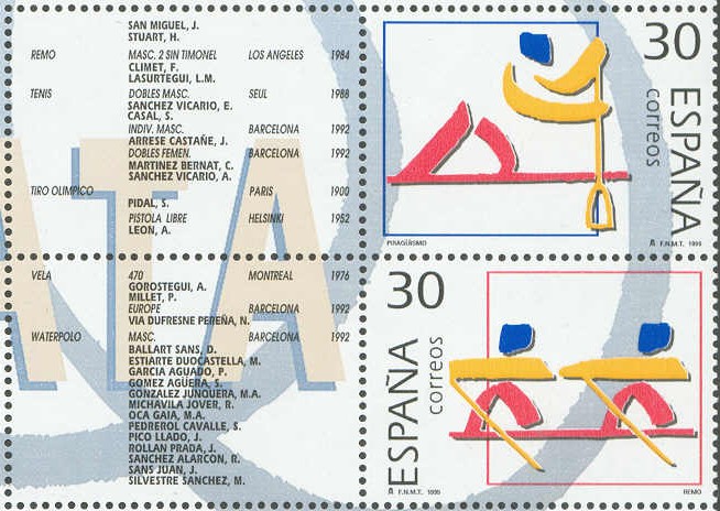 stamp esp 1995 june 2nd spanish silver medal winners mi 3227 3229 se tenant with tabs naming spanish silver medal winners