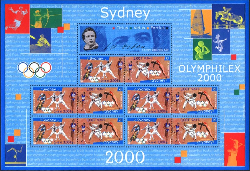 stamp fra 2000 sept. 9th olymphilex sydney ms mi 3481 82 kb rowing among other sports written in background 