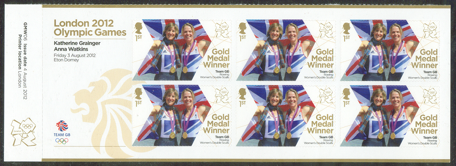 stamp gbr 2012 aug. 4th og london w2x gold medal for anna watkins katherine grainger gbr pane of 6 stamps