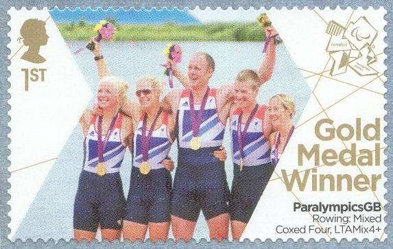 stamp gbr 2012 sept. 3rd self adhesive paralympic games london ltamix 4 gold medal for p. relph n. riches j. roe d. smith cox l. van den broecke gbr
