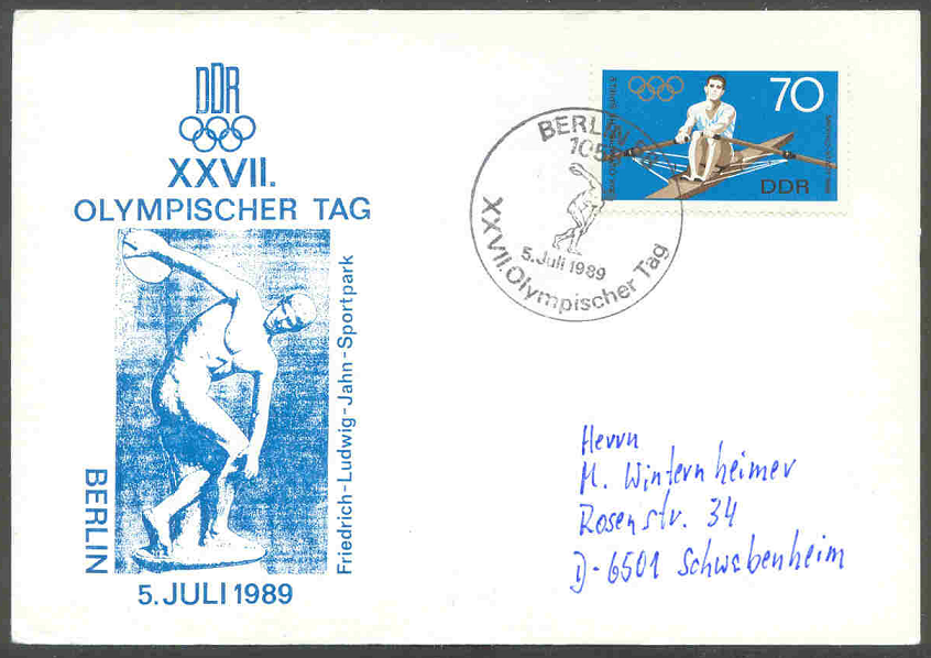 Stamp GDR 1968 on card with PM Olympischer Tag July 5th 1969 