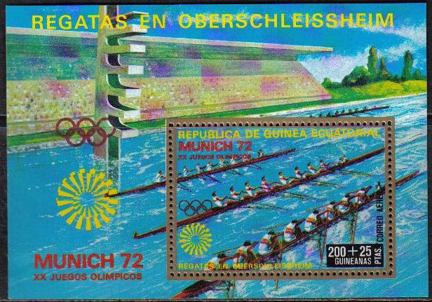 stamp geq 1972 july 25th ss mi bl. 15 og munich 8 race with grandstand in background on munich regatta course 
