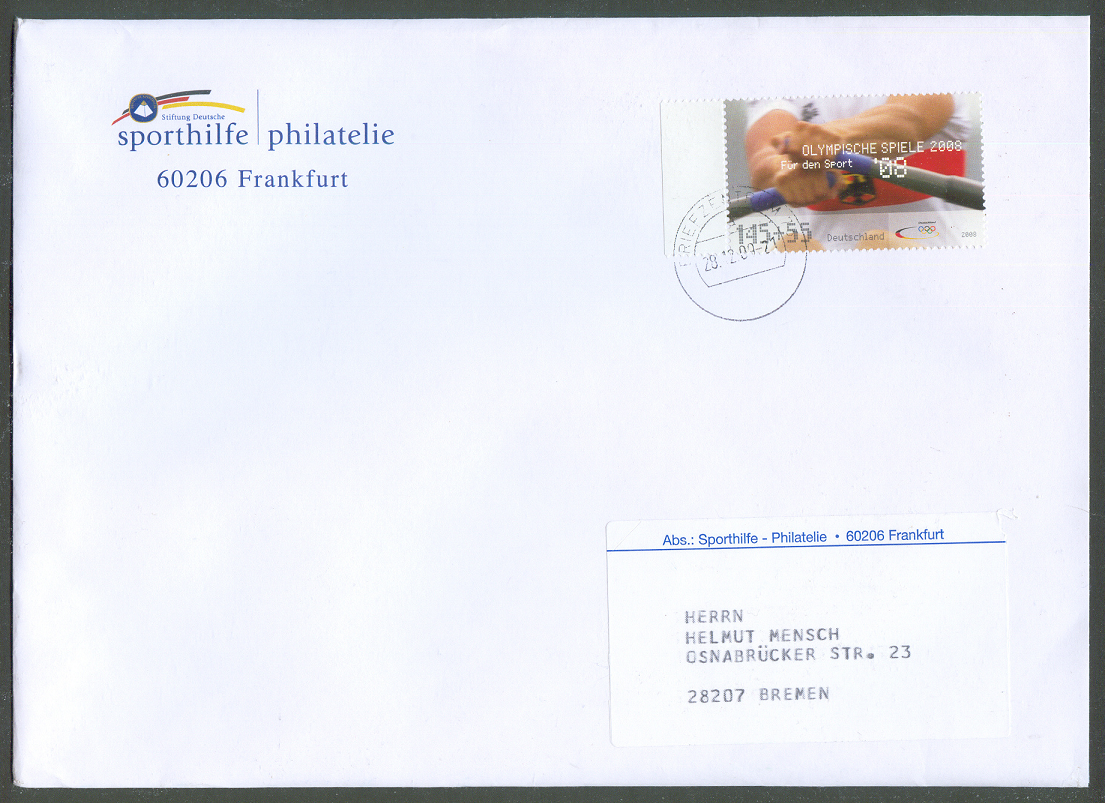 Stamp GER 2008 on cover from Deutsche Sporthilfe