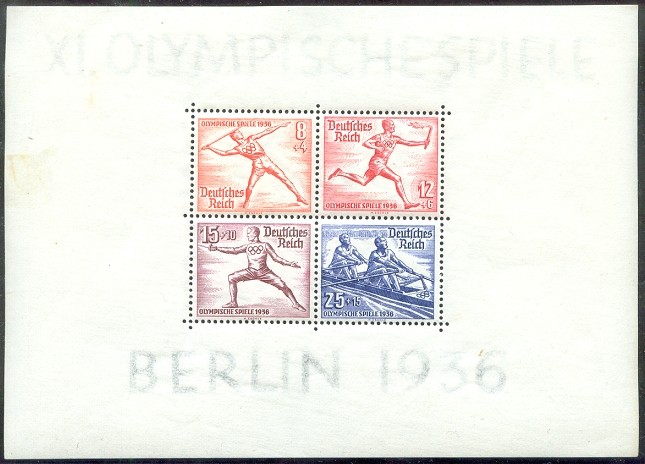 stamp ger 1936 aug. 1st og berlin ss mi bl. 6 javelin throwing torch running fencing sculling 