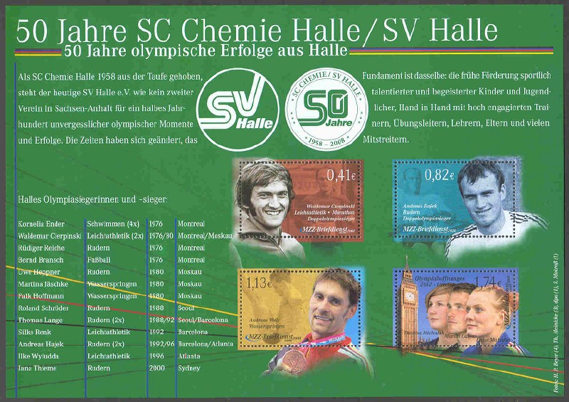 stamp ger 2008 june 30th mzz halle ms 50 years sc chemie halle sv halle with list of olympic gold medal winners from halle 6 in rowing 