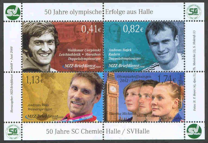 stamp ger 2008 june 30th mzz halle small ms 50 years olympic success from halle with portraits of andeas hajek and martin gulyas 